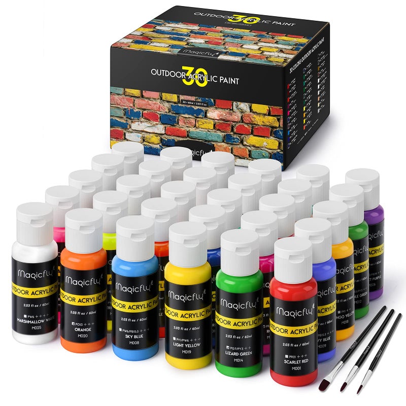 Magicfly Outdoor Acrylic Paint, Set of 30 Colors/Tubes (60 ml, 2 oz.) with Storage Box, Rich Pigments, Multi-Surface Paints for Rock, Wood, Fabric, Leather, Paper, Crafts, Canvas and Wall Painting - Image 1